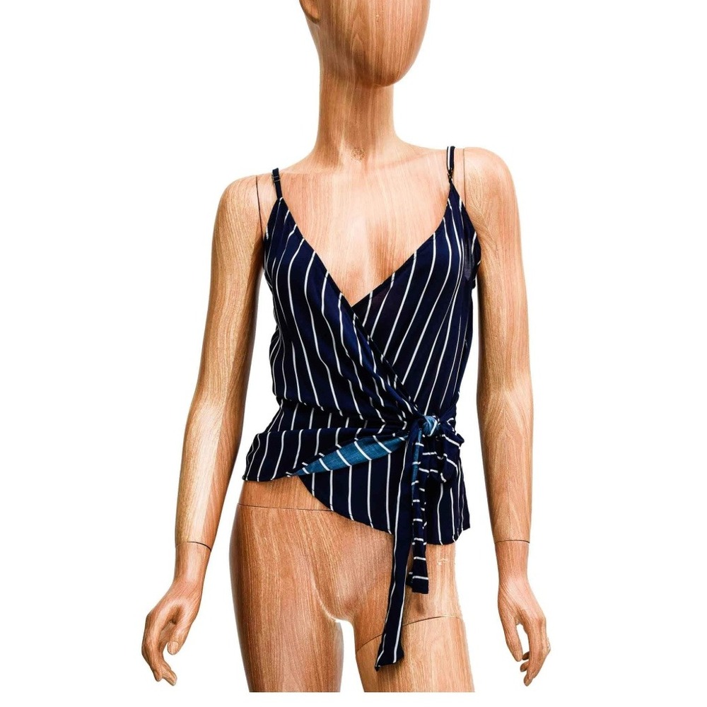 LA Confection XS Striped Wrap Cami Top Sleeveless Blue White‎ Tie Front